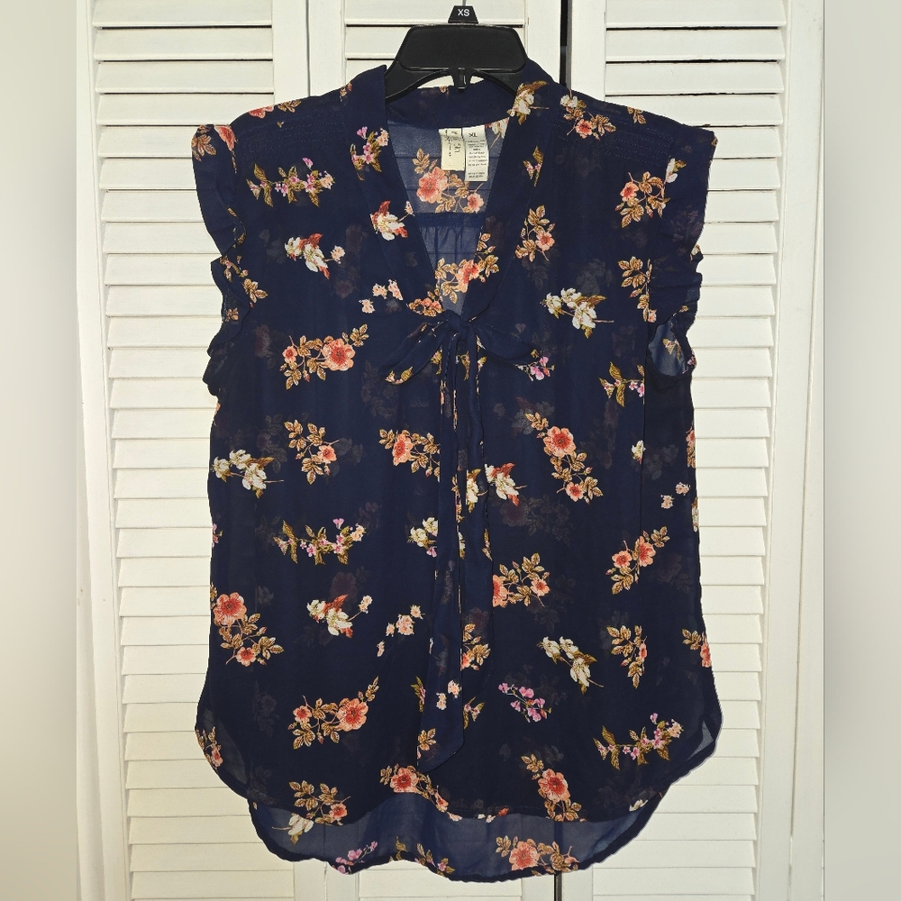 Midnight Sky Women's XL Floral Navy Sheer Blouse
